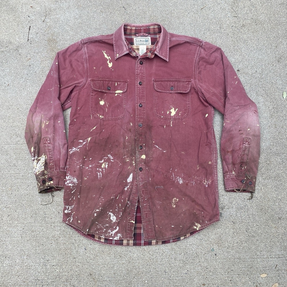 LL Bean Work Shirt Medium Maroon Burgundy Thrashed Paint Splattered Distressed